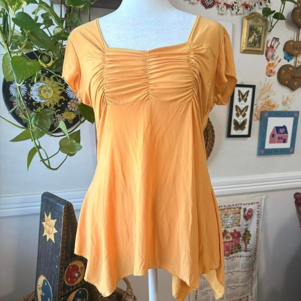 Vintage Y2K Gold Babydoll Tunic‎ Ruched Milkmaid Top Hem Asymmetrical Sz L